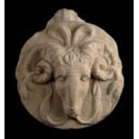 Bas-relief sculpted keystone from the renaissance era.  Spain.  Circa 1520-1550.  It depicts a ram’s