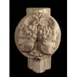 Bas-relief sculpted keystone from the renaissance era.  Spain.  Circa 1520-1550.  It depicts two