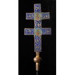 Gilded copper processional cross with wooden staff, decorated with embedded stones.  On the back