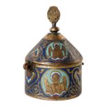 A gilt copper pyx decorated with dark blue, sky blue, ultramarine, greenish blue, red and yellow