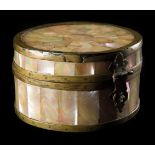 A Gujerati mother-of-pearl and gilt metal banded box, 17th century, of cylindrical form and coopered