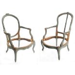 Two carved wooden armchairs with blue patina.  France. 18th century. 94 x 67 x 58.5 cm.