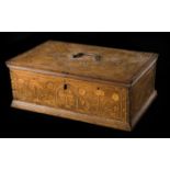 Walnut wood chest with boxwood inlay.  Aragon. 17th century. The front is decorated with a cross