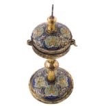 Impressive gilded cast copper ciborium, engraved and decorated with dark blue, sky blue, lapis