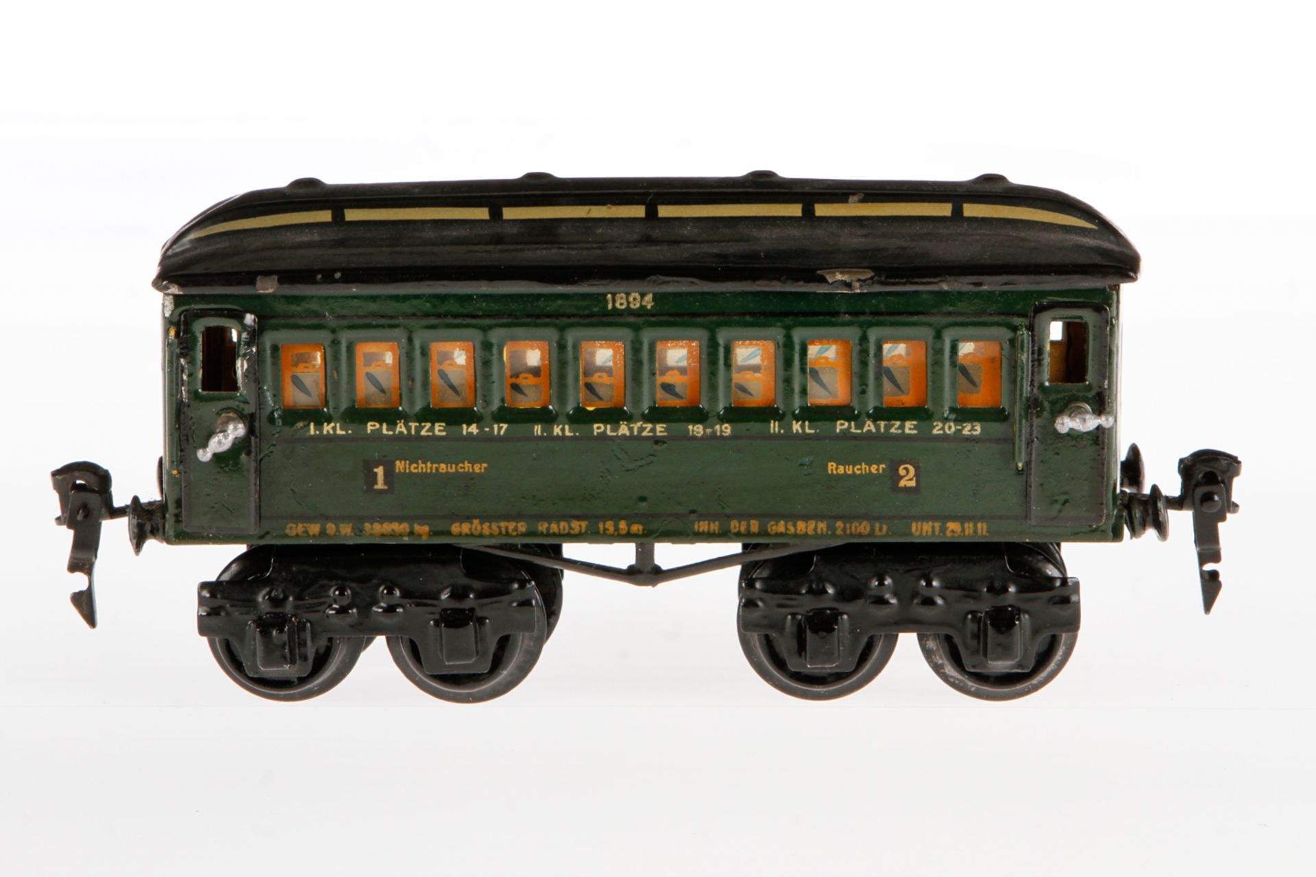 Märklin Personenwagen 1894 P, Spur 0, handlackiert, mit Inneneinrichtung, Dach an Stirnseite leichte