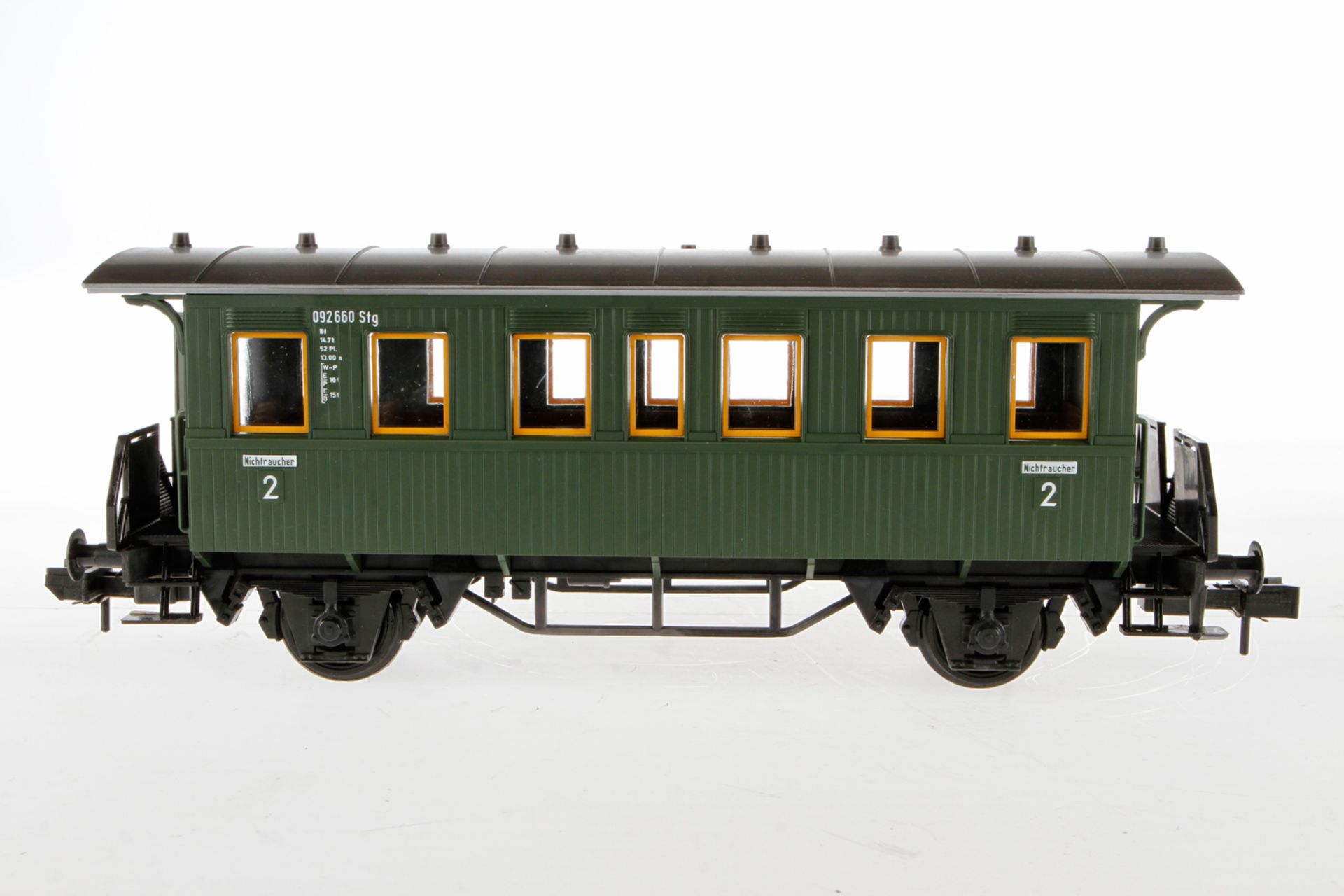 Märklin Personenwagen 5801, Spur 1, grün, leichte Alterungsspuren, Länge 31, im Originalkarton,
