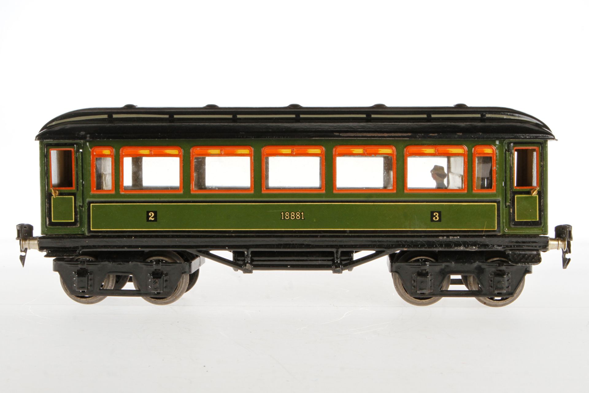 Märklin Personenwagen 1888, Spur 1, grün, mit Inneneinrichtung, 4 Türen und Gussrädern, kleine