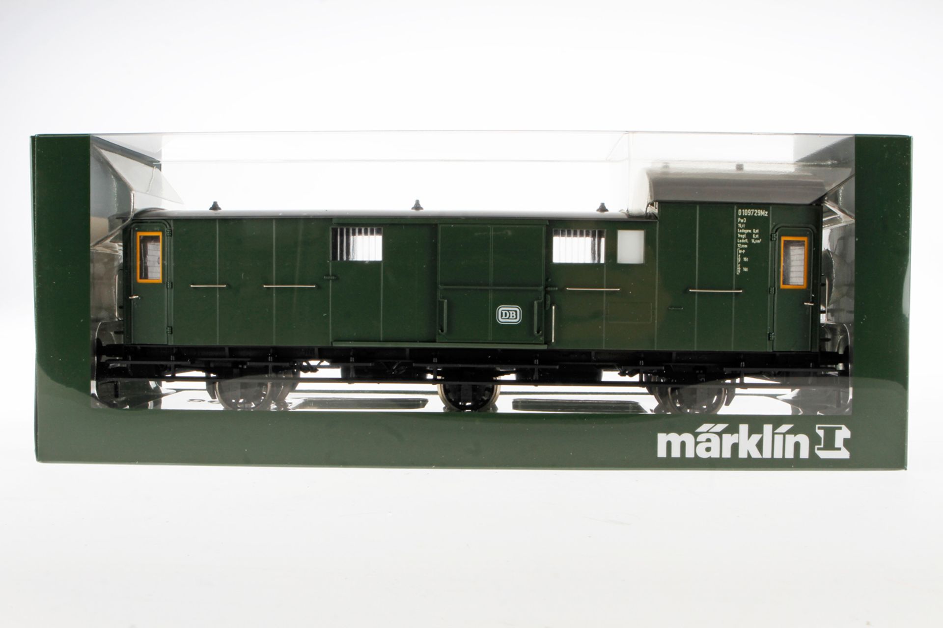 Märklin Gepäckwagen 5808, Spur 1, grün, leichte Alterungsspuren, Länge 39, im Originalkarton,