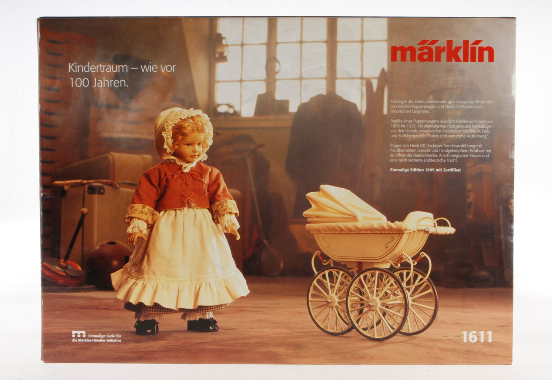 Märklin Puppenwagen mit Puppe 1611, komplett mit Zertifikat, leichte Alterungsspuren, in OVP, sehr