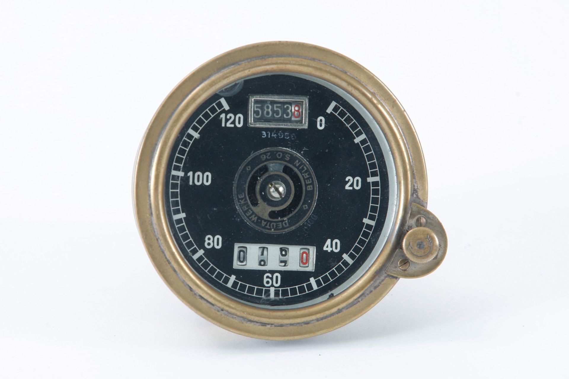Tachometer 120 km/h Deuta Werke Berlin,  S.O.26, Nr. 314956, 5853 km, mit Tageskilometerzähler für