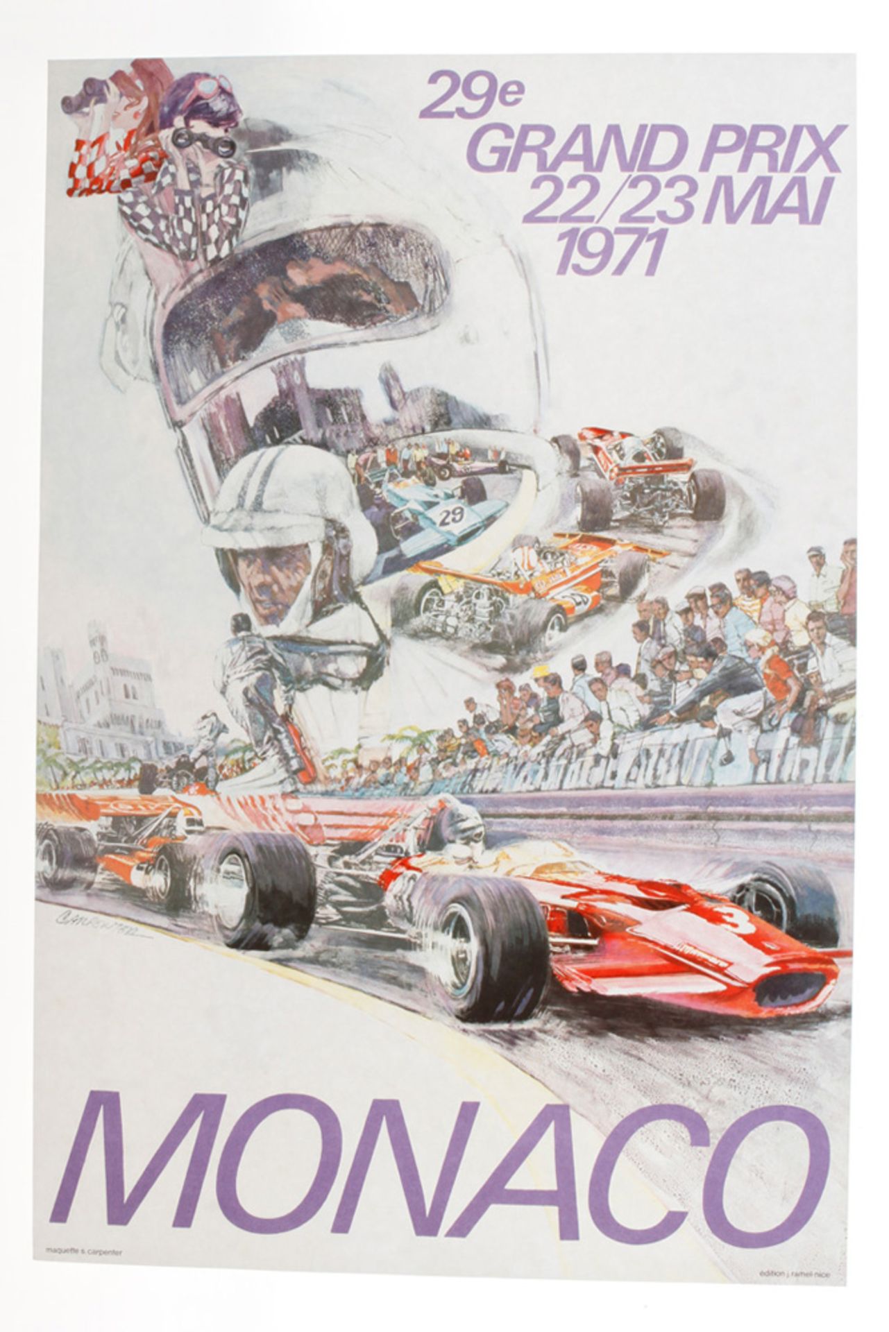 Orginal Rennplakat, Monaco Grand Prix 22/23 Mai 1971,  Maquette s. carpenter, edition j.ramel-