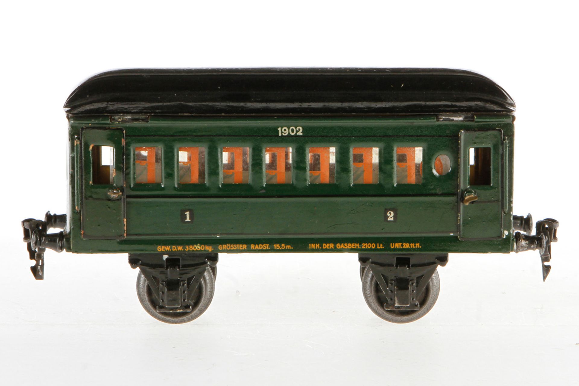 Märklin Personenwagen 1902, S 1, HL, 4 AT, ohne Inneneinrichtung, leichte Gebrauchsspuren, L 23, Z