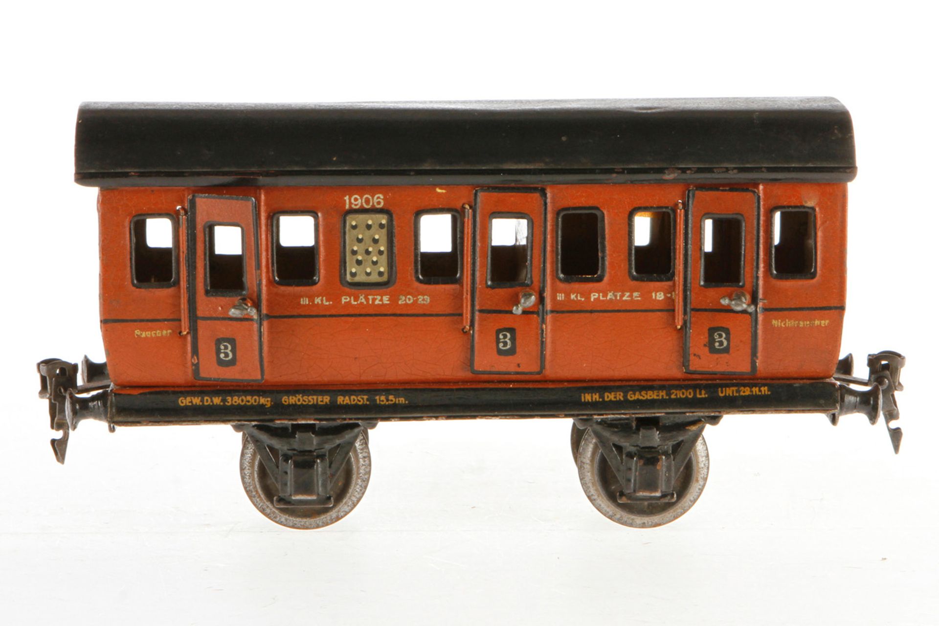 Märklin Abteilwagen 1906, S 1, braun HL, mit Inneneinrichtung, 6 AT, 2A, gealterter Lack, L 23, noch