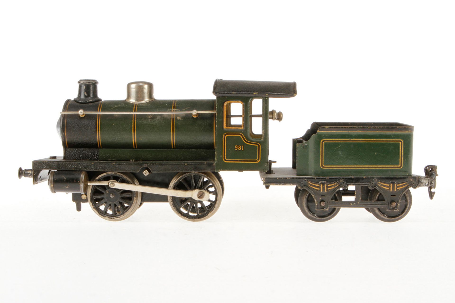 Märklin B-Dampflok 981, S 1, Uhrwerk intakt, grün/schwarz, mit Tender, imit. Pfeife und 1 Puffer