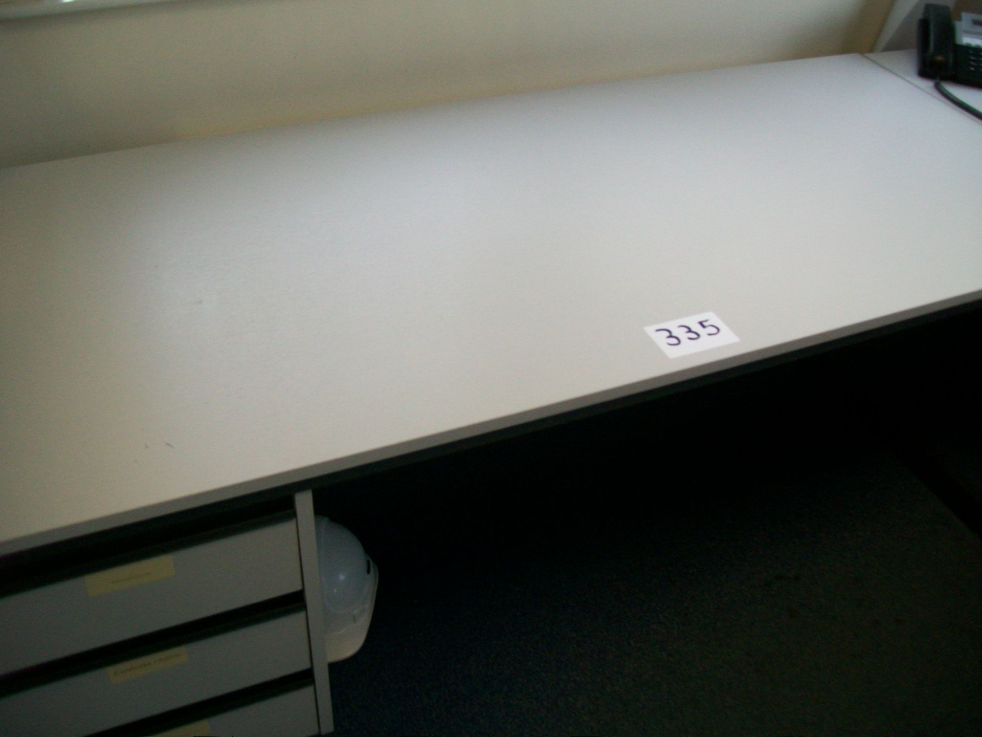 2'6" x 6' light grey 'L' shaped DESK with single pedestal drawers (Situated at Arthur Amos