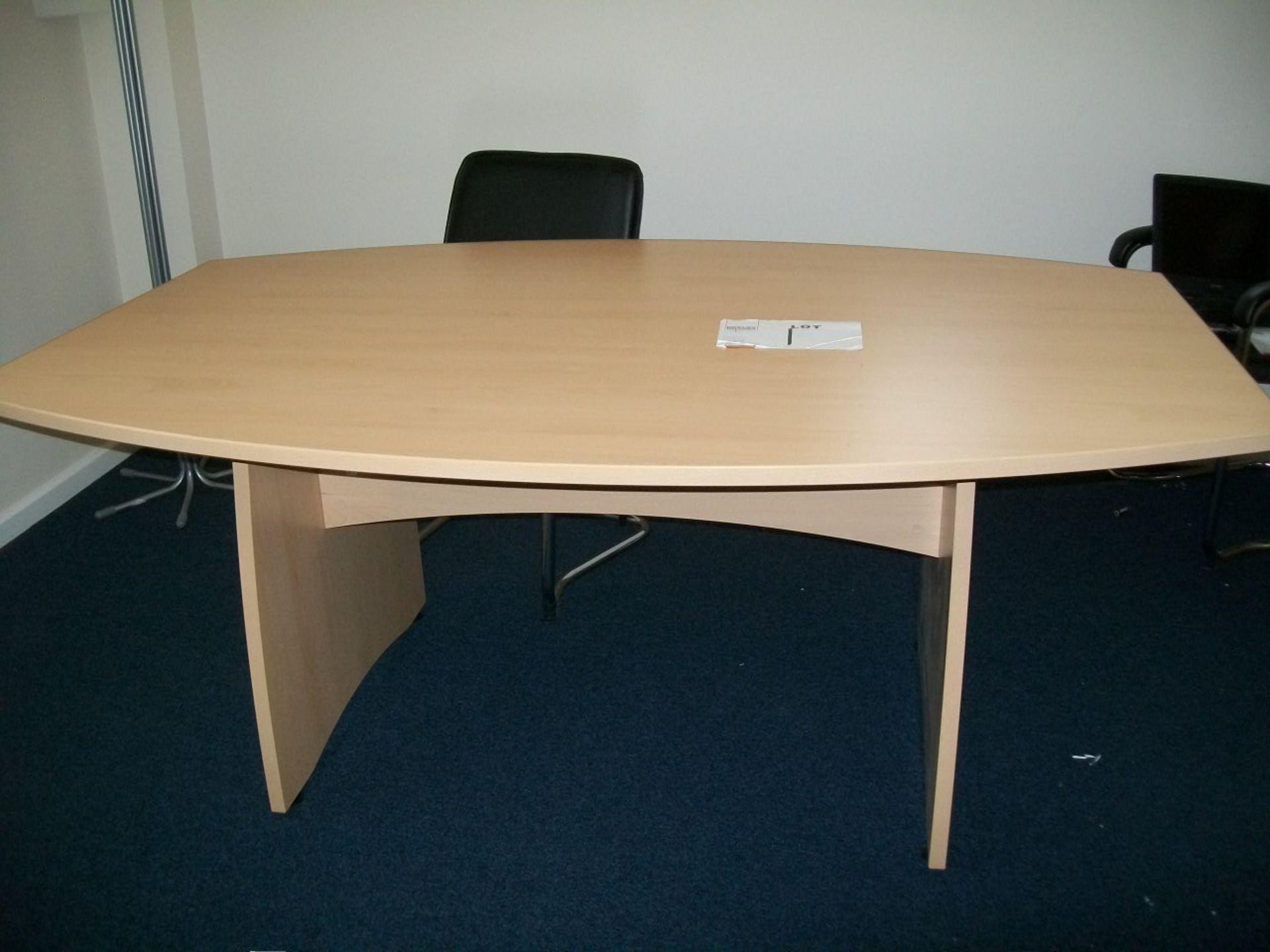 Beech effect shaped BOARDROOM TABLE 6' x 4' x 2'4" high with 2 curved sides