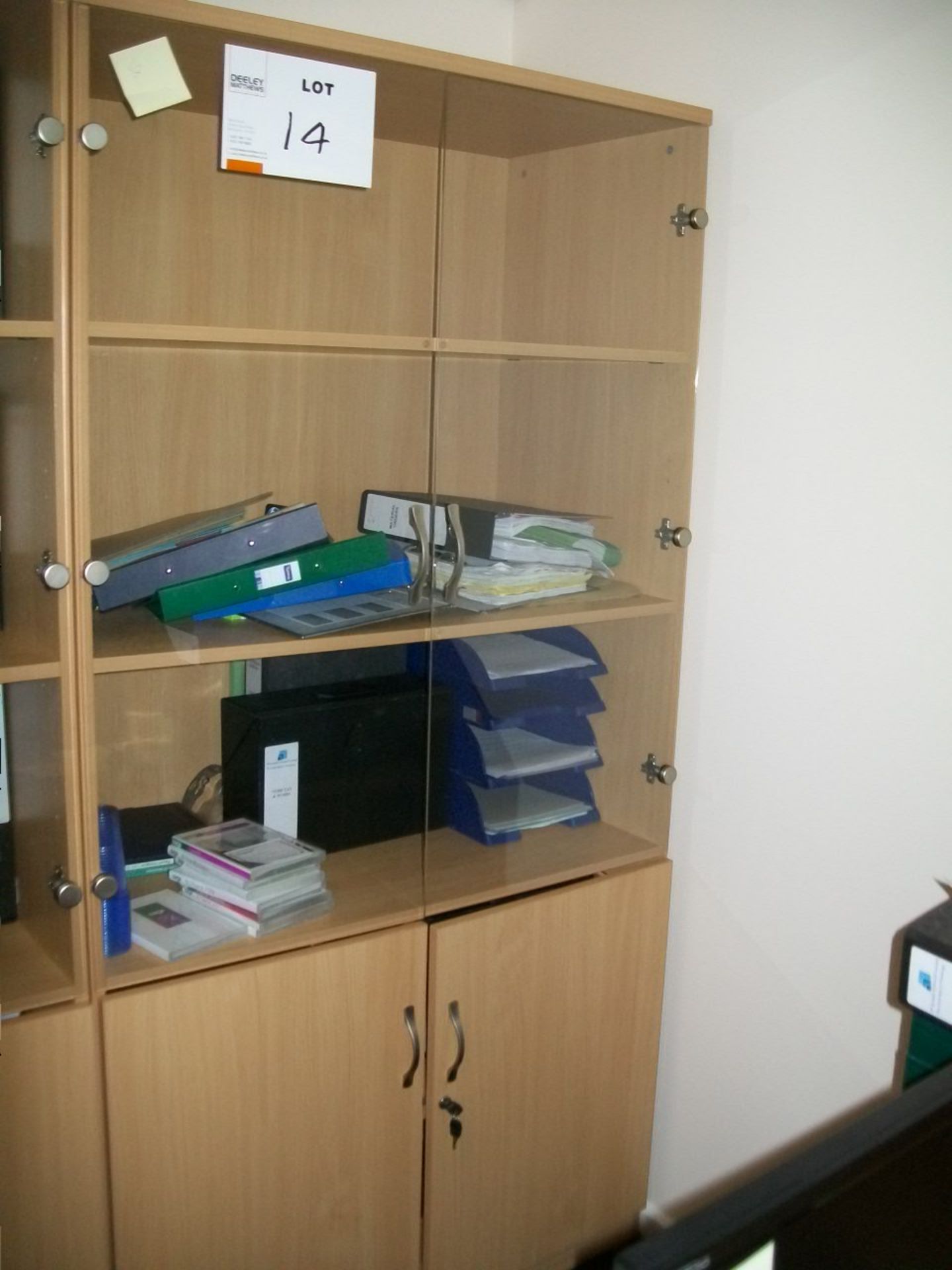 Double door GLASS DISPLAY CABINET with stationery cupboard base 1000mm wide x 530mm deep x 1800mmm