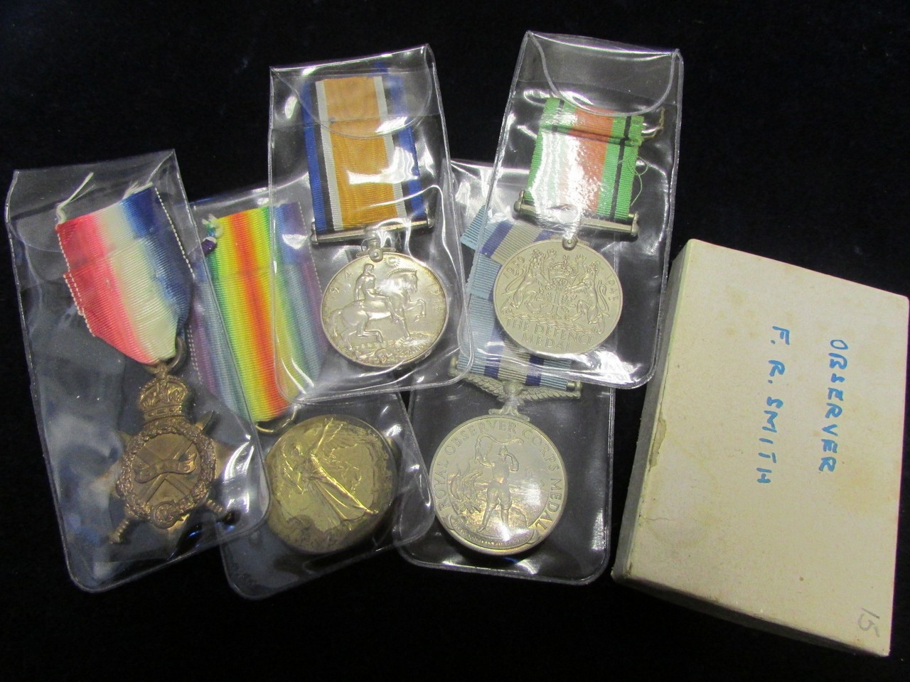 1915 Star Trio, Defence Medal and Royal Observer Corps Medal (BRITT: OMN). Trio named 3246 Pte F R
