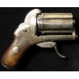 Pistol: A six shot pepperbox pinfire revolver. Flinted barrels 2". Double action sidegate loading.