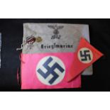 German WW1 medals, a Trench Bag, and paper Nazi Flags (qty)