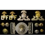 Lancashire Fusiliers collection of original cap badges, collars, buttons and belt buckle (silver?