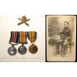 MM. BWM & Victory Medal & MGC Cap Badge to 76088 Pte James Tracey MM. 62nd Bn. MGC. Mounted as