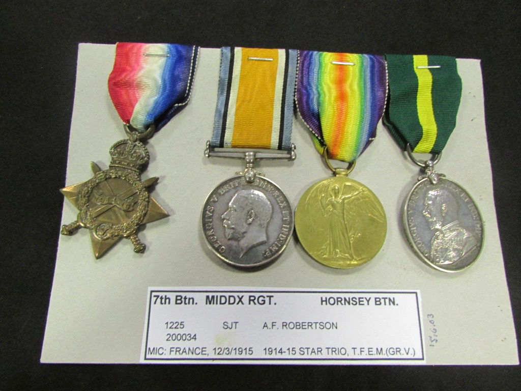 1914-15 trio & TFEM GV 1225 Pte/Sjt A.F.Robinson Middx Regt and 200034 7th Middx on last, on MIC