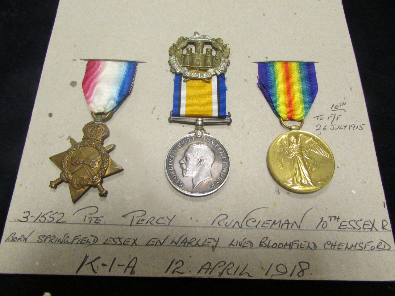 1915 Star Trio to 3/1552 Pte Percy Runcieman (10th) Essex Regt. Killed In Action 12/4/1918. Born