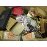 Very mixed box of Military pin badges, lapel badges, medal bars, medals, WW2 medal boxes, etc etc (