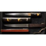 Japanese Knives: Knife, blade 7", short handle. In its decorated lacquered scabbard. Knife, blade 7"