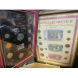Banknotes / Coins in frames, includes Peppiatt "white" Five Pounds 1947