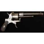 Medium size 9mm Spanish pinfire revolver by premier Spanish gunsmith Eibar. Barrel 5.24", side