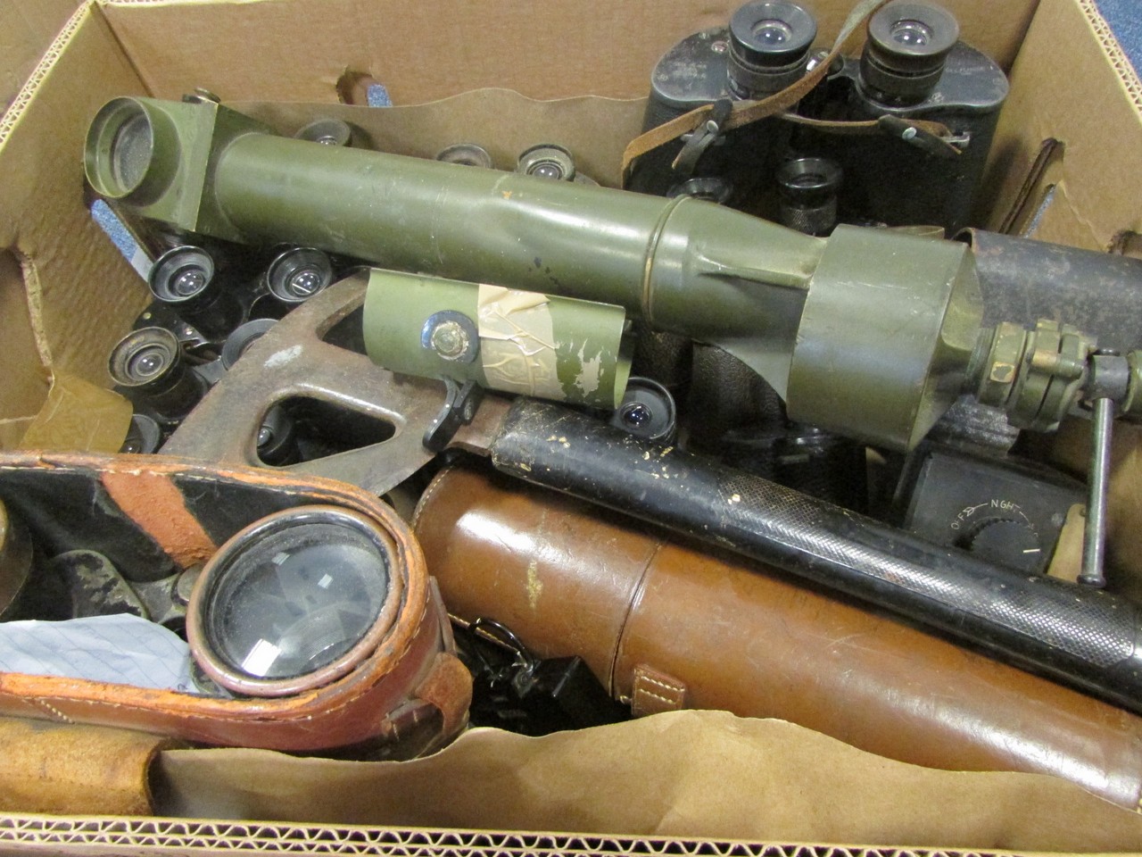 Large collection of various old Military Binoculars and various Scopes, fire axe, etc, noted pair of
