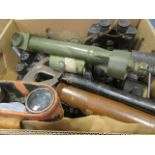 Large collection of various old Military Binoculars and various Scopes, fire axe, etc, noted pair of