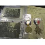 1914-15 Star and Victory medals with an assortment of picture postcards relating to the recipient in