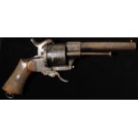 Pistol: A medium size 11mm. Spanish pinfire revolver. Barrel 5.75" marked 'A DE PARLO JUARISTI
