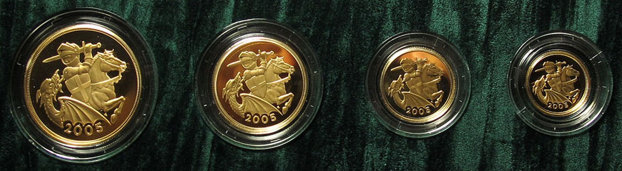 Four coin set 2005 (£5, £2, Sovereign & Half Sovereign). FDC boxed as issued