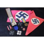 German mixed lot of medals, one cased, plus Nazi paper Flags (qty)