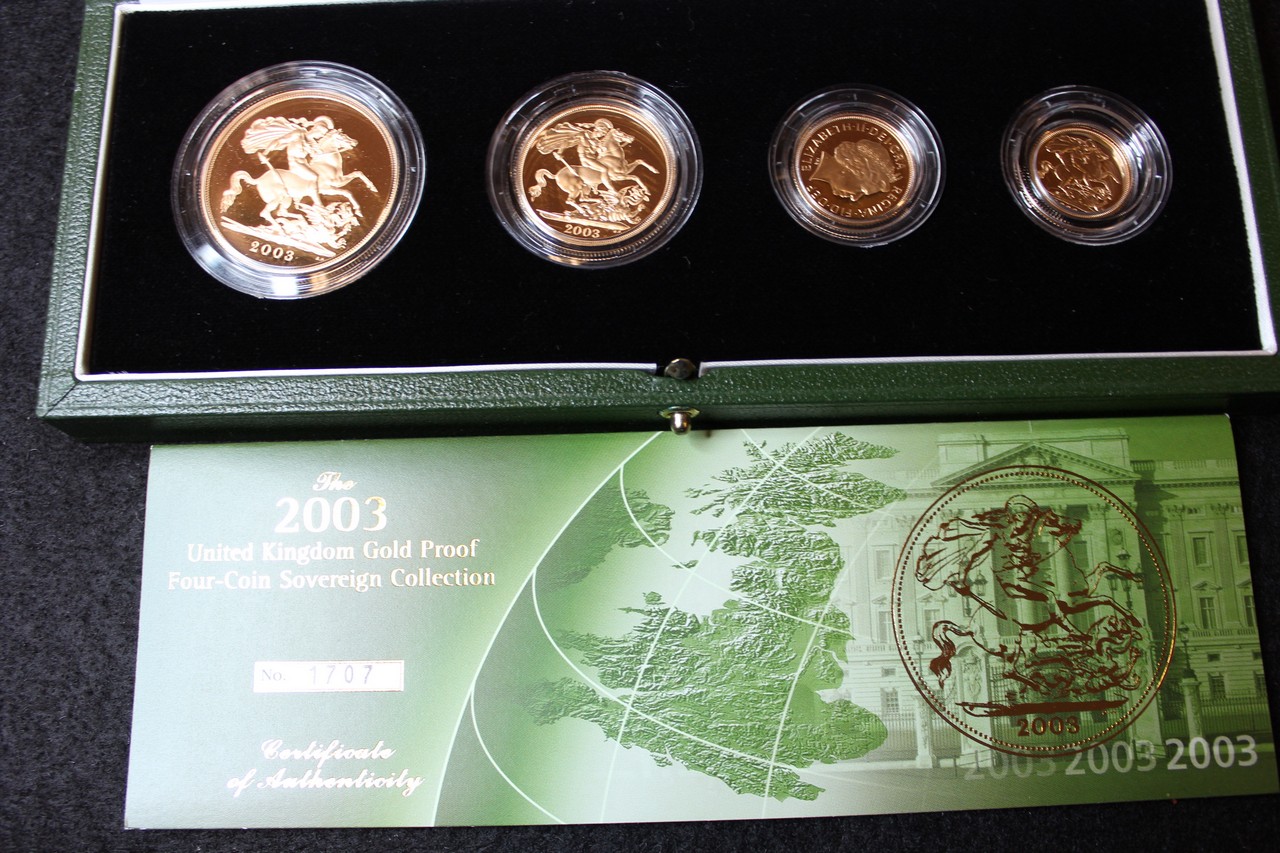 Four coin set 2003 (£5, £2, Sovereign & Half Sovereign). FDC boxed as issued