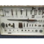Display case of detector found Military items including a Bayonet, Whistles, shell cases, etc (buyer