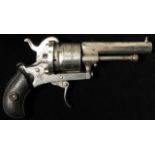 Pistol: A nickel plated 7mm pinfire pocket revolver. Cylinder marked, 'THE GUARDIAN': MODEL OF 1879.
