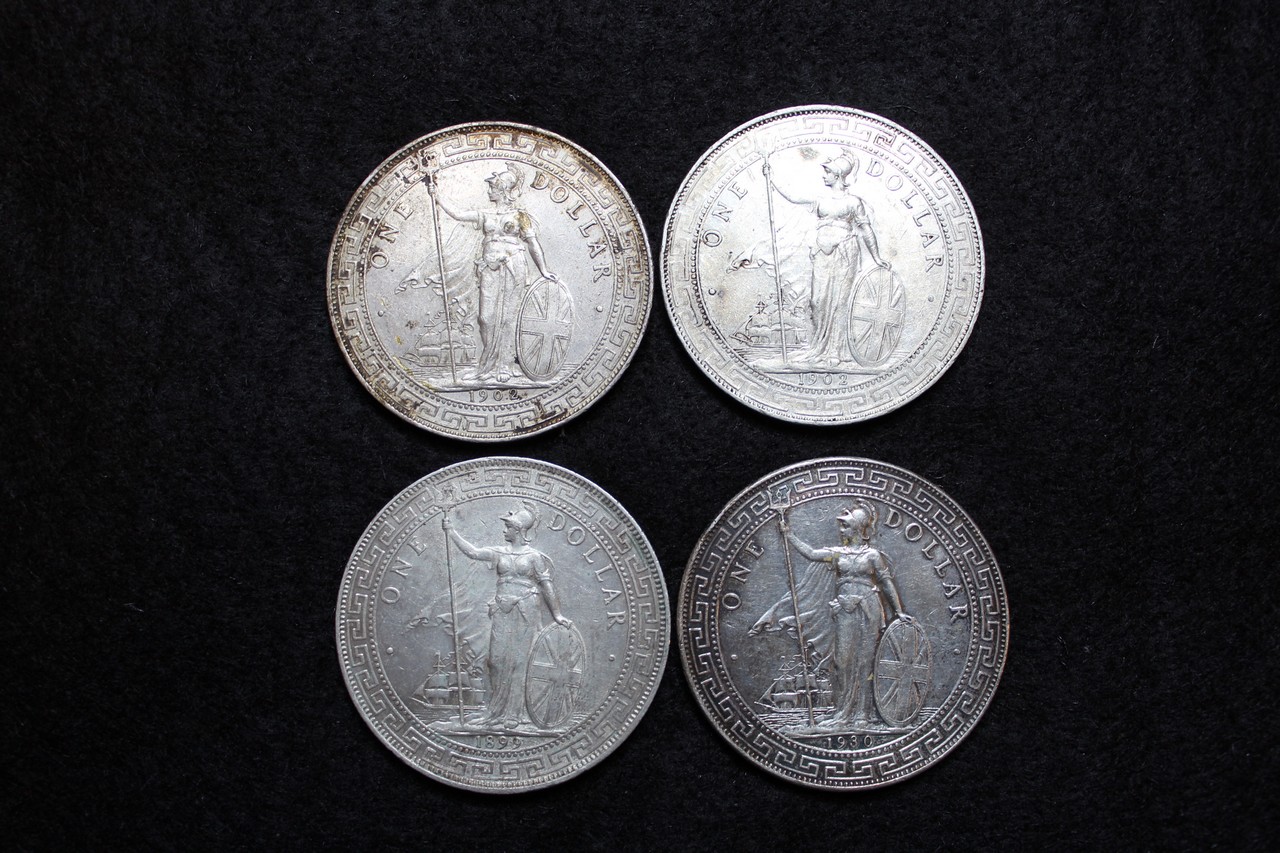 British Empire Trade Dollars (4): 1899B, 1902Bx2, and 1930B, grades VF-GVF