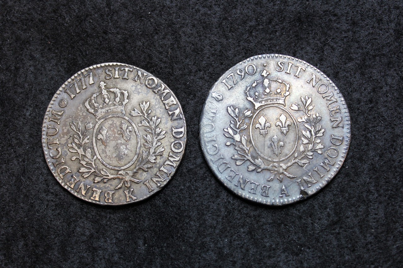 France silver Ecus of Louis XVI x2: 1777K and 1790A, onted GF-nVF
