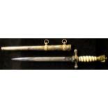 German 2nd pattern Naval Dagger with lightning bolt metal scabbard, engraved blade maker marked 'E &