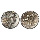 Roman Republican silver denarius of Q Caecilius Metellus of c.130 B.C., obverse:- Helmeted head of