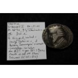 Parthia Gotarzes II, 40-51 A.D., silver tetradrachm, obverse:- Bust bearded, draped, jewelled and