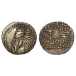 Parthia Osroes II, 190 A.D., silver drachm, obverse:- Bearded bust, left, wearing decorated helmet