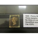 GB - 1840 Penny Black Plate 7 (B-C) with three margins, no thins or creases, Good/Fine Used, cat £