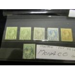 Monaco range on stockcard 1885 SG 1x2, 2, 3, 4, mint, SG6 used cat £386. Some hinge remainders (6)