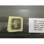 GB - 1840 Penny Black Plate 4 (J-D) four margins, tied to small piece. Good used cat £350